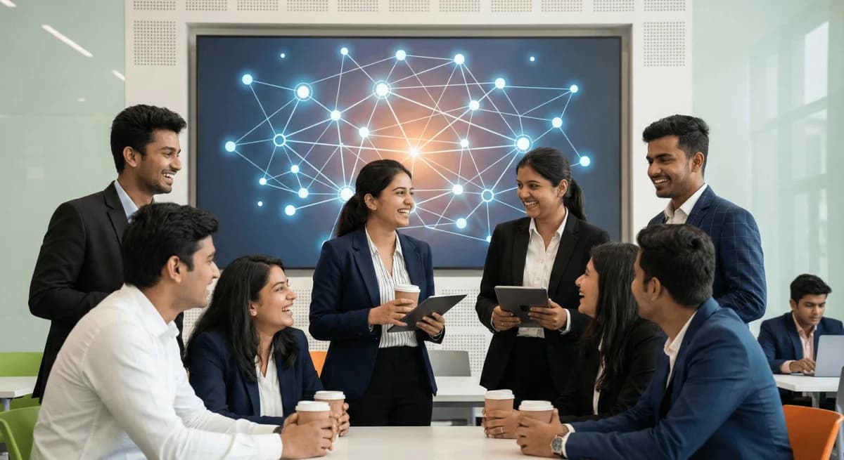 A group of young professionals collaborating and smiling together in a modern office
