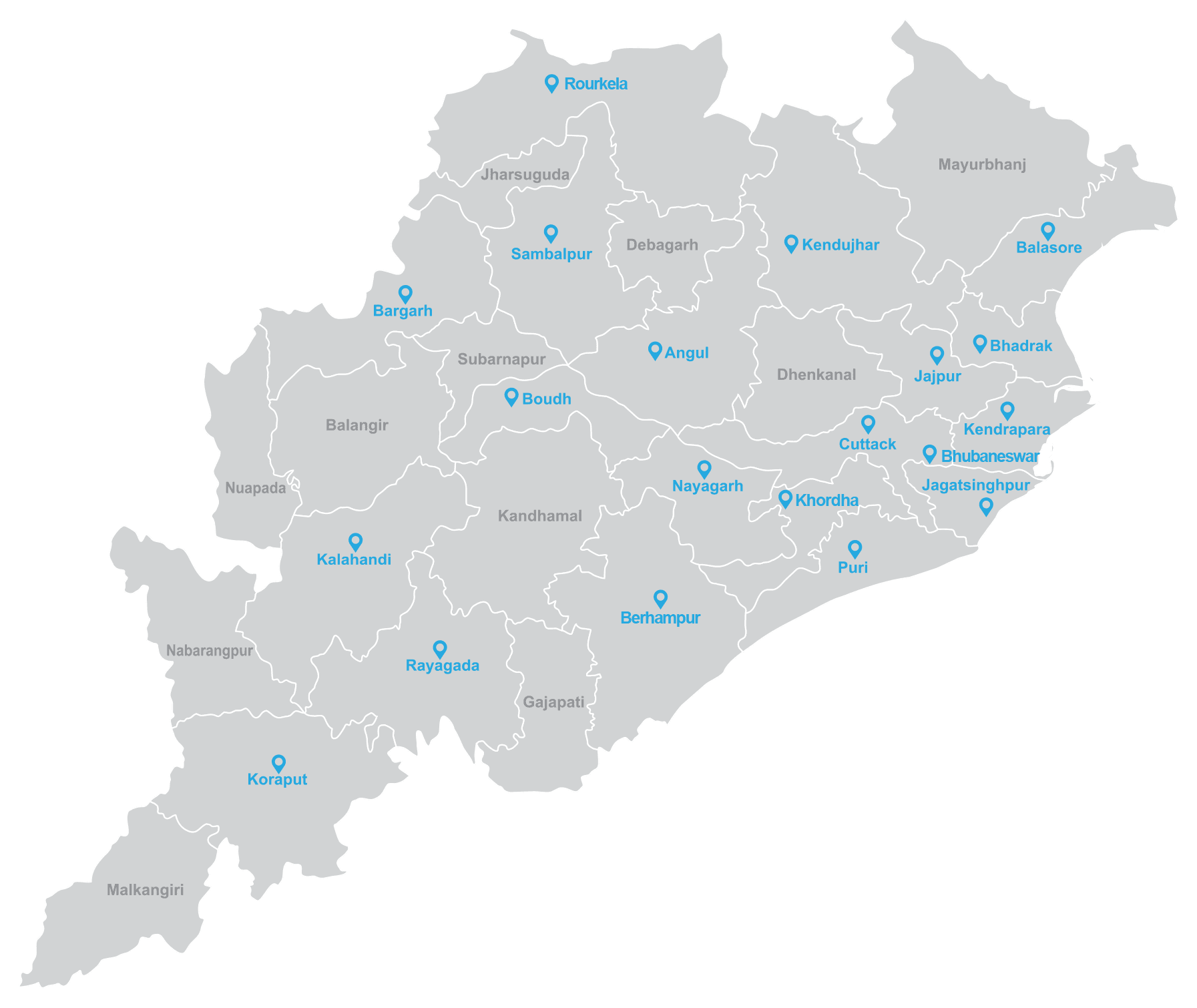 Map of Odisha showing all districts